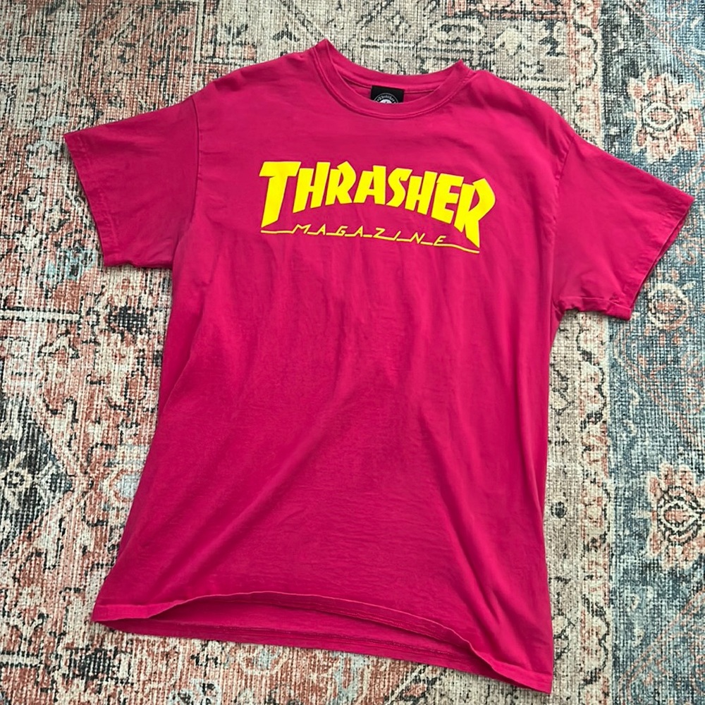 Bright pink Thrasher tee with neon yellow writing. Medium. Looks new